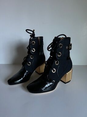 Dior Black Lace-Up Ankle Boots with Gold Ribbed Block Heel